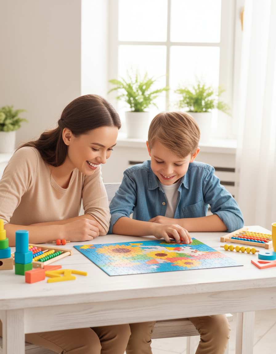 A mother and her twelve-year-old child working through a colorful puzzle together at a bright table.