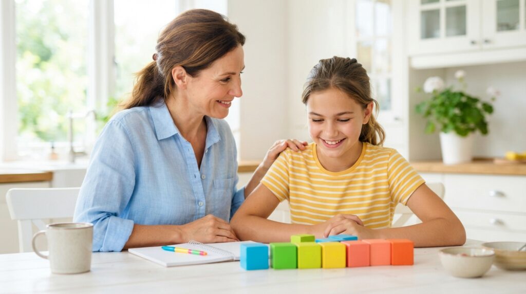 A calm, smiling mother sits beside her twelve-year-old child at a bright kitchen table, hand on the child's shoulder