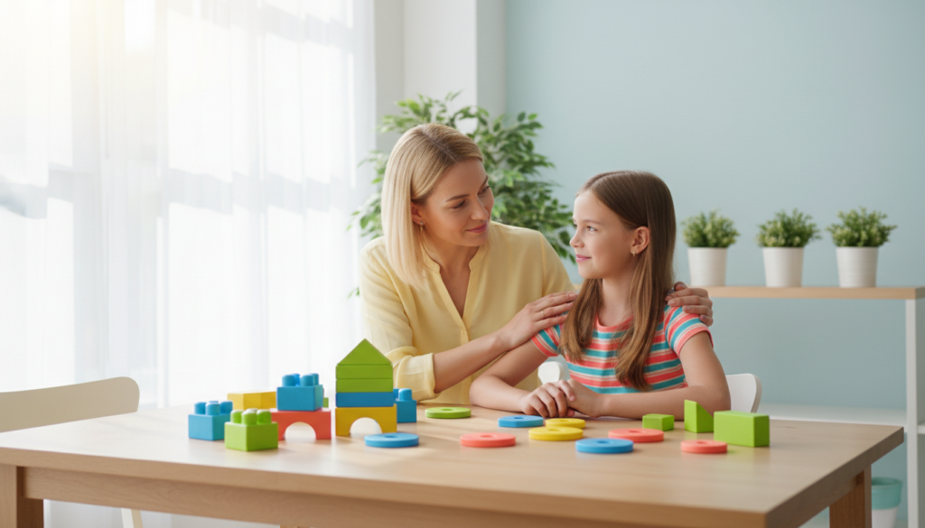 A mother listening thoughtfully beside her 12-year-old daughter at a bright kitchen table