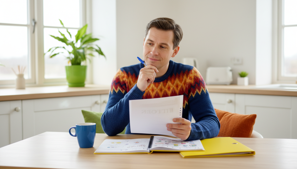 Parent at a bright kitchen table reading an evaluation report beside a child's homework notebook