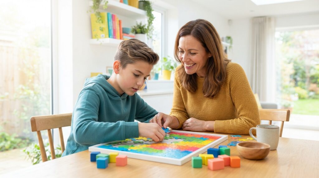 A parent sitting close beside their 12-year-old at a bright kitchen table, encouraging them through a challenging puzzle