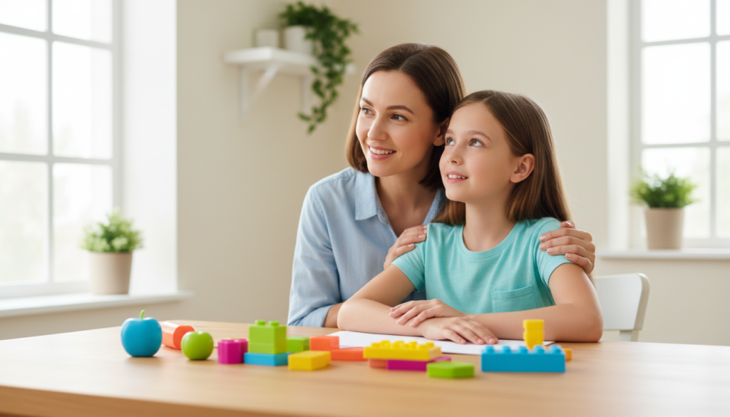 A warm mother and her hopeful 12-year-old daughter at a bright kitchen table with colorful counting blocks