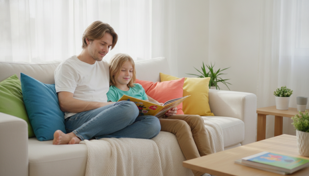 A relaxed parent and their calm, smiling child sit close together on a couch sharing an open storybook at home.