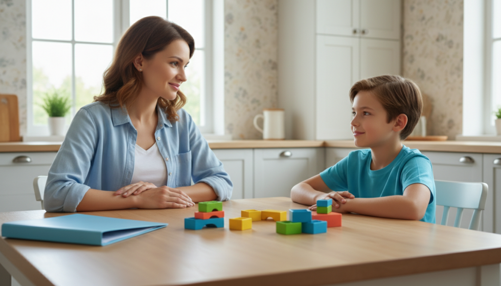 A mother and her 12-year-old son sit across a bright kitchen table, a closed folder set aside, looking at each other with hope