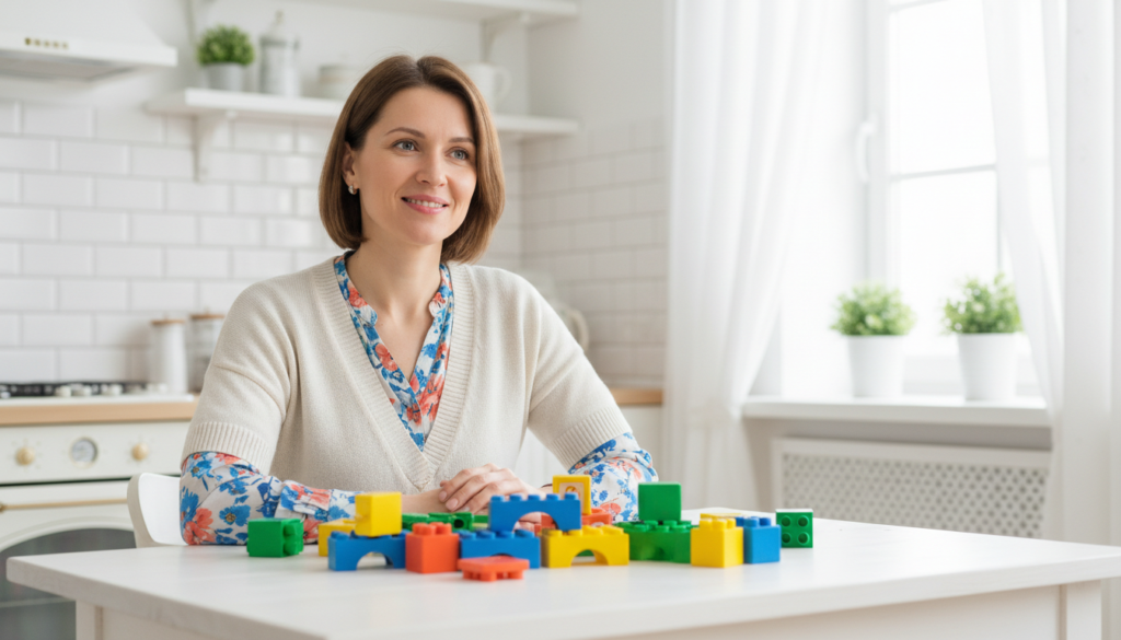 A hopeful mother sitting at a bright kitchen table, calm and resolved