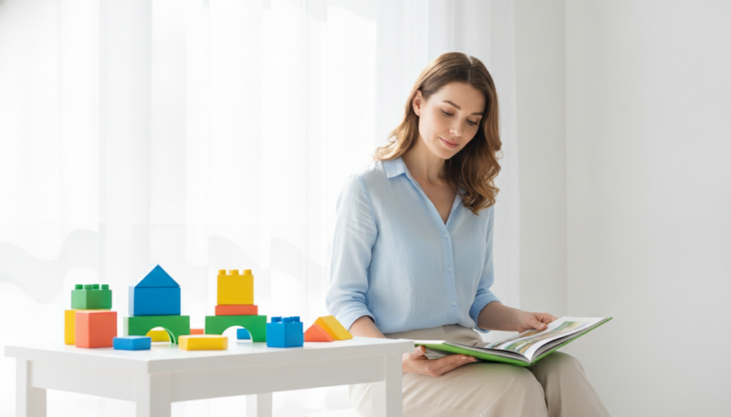 A warm, hopeful mother sitting in a bright airy room holding an open picture book, with colorful learning blocks nearby