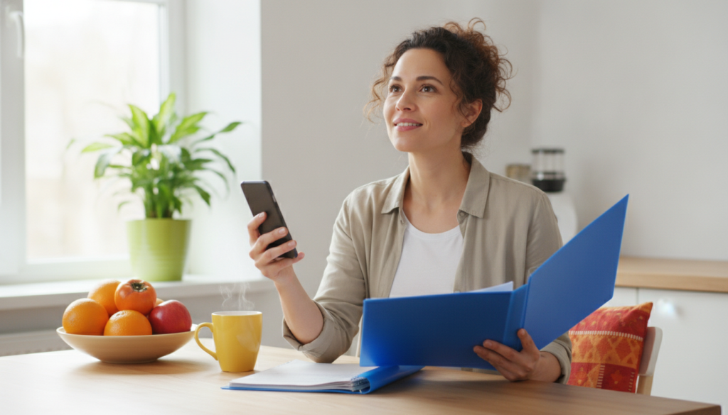 Parent at a sunlit kitchen table holding a phone and a school folder, ready to send a request to the school