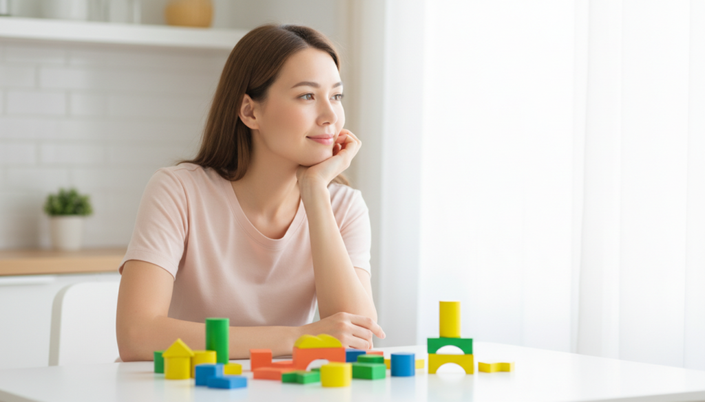 A hopeful parent at a bright kitchen table, thinking about the next step after a diagnosis