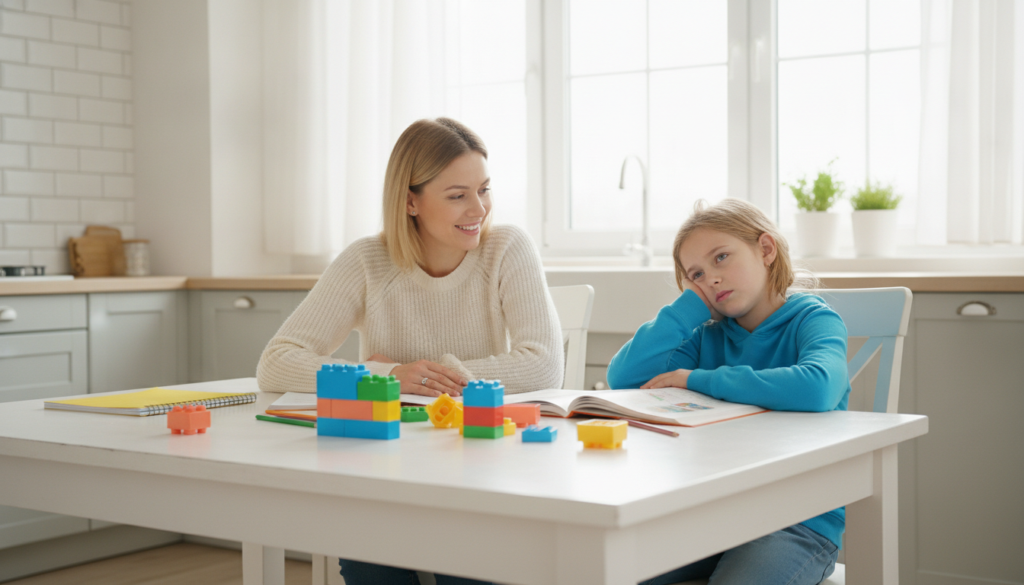 A parent sitting beside a tired 12-year-old at a bright kitchen table, the child looking away from an open book