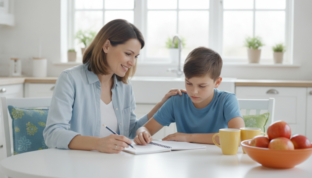 A mother sits beside her 12-year-old son at a bright kitchen table, smiling with quiet recognition over his homework.