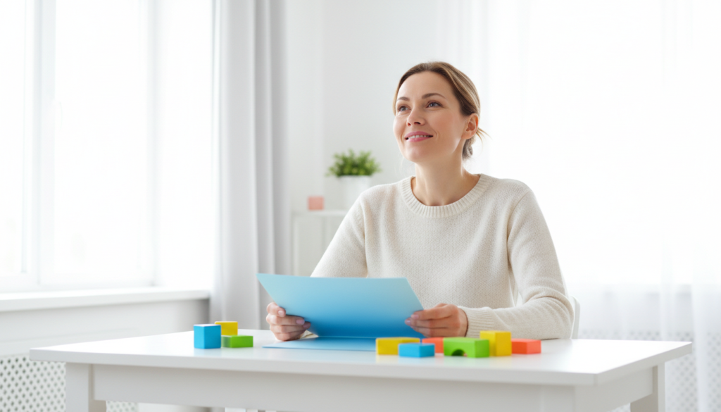 A hopeful mother at a bright kitchen table holding a report folder and looking up with quiet determination