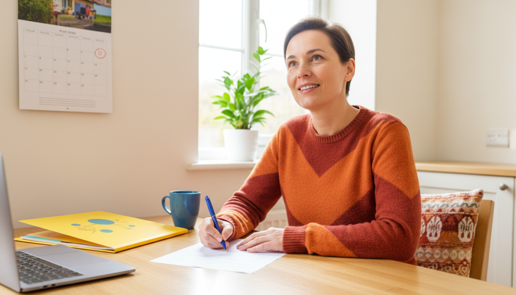 Parent at a sunny kitchen table with a pen, a school folder and a calendar with one day circled