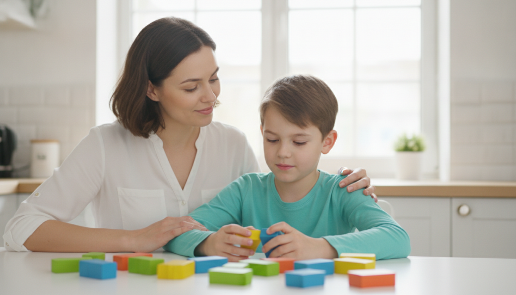 A mother sitting close to her child at a bright kitchen table, offering calm encouragement