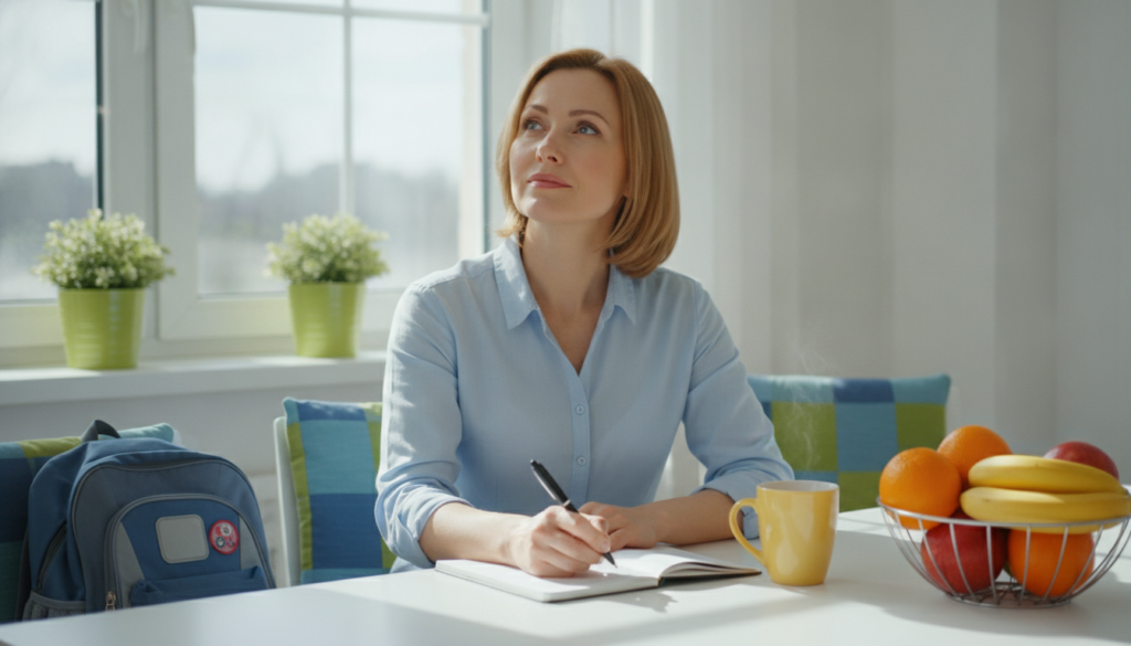 A mother sits at a bright kitchen table with an open notebook and pen, looking up with calm resolve.