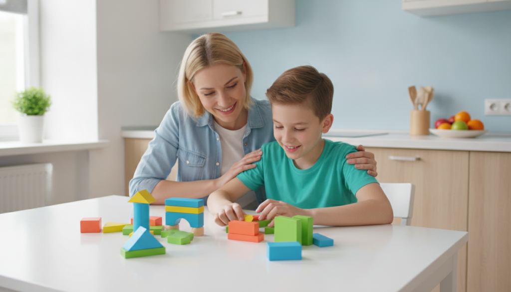 A parent leaning in to encourage her child at a bright kitchen table