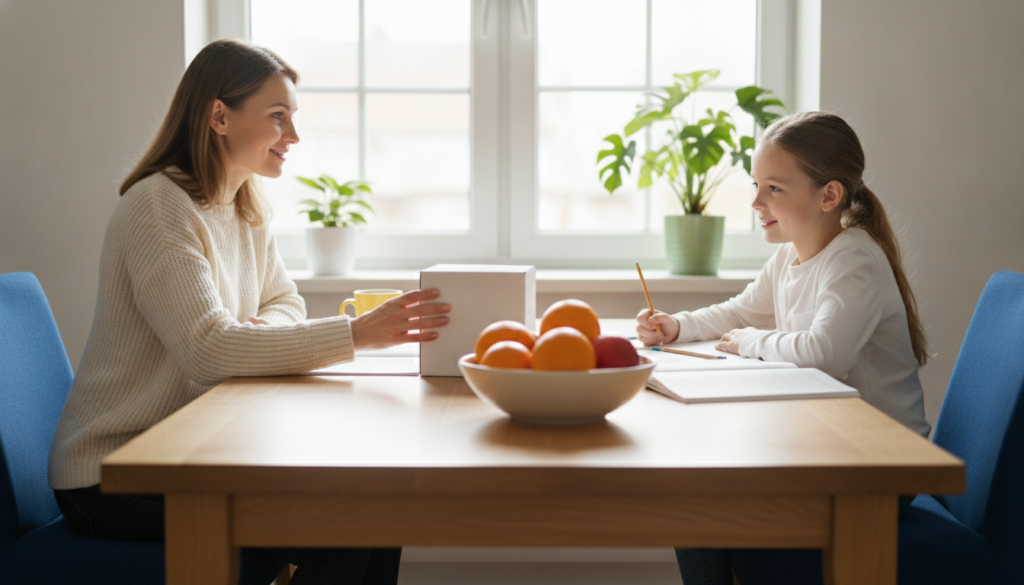 A mother at a bright kitchen table sets a small white box aside and smiles at her daughter doing schoolwork.