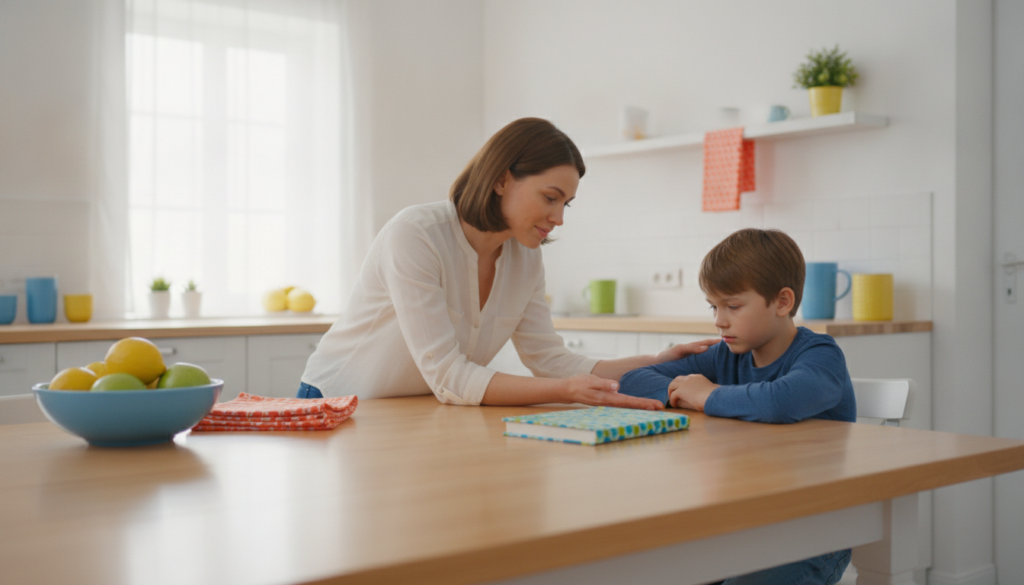 A mother gently talking with her child at the kitchen table about a closed book, warm and understanding