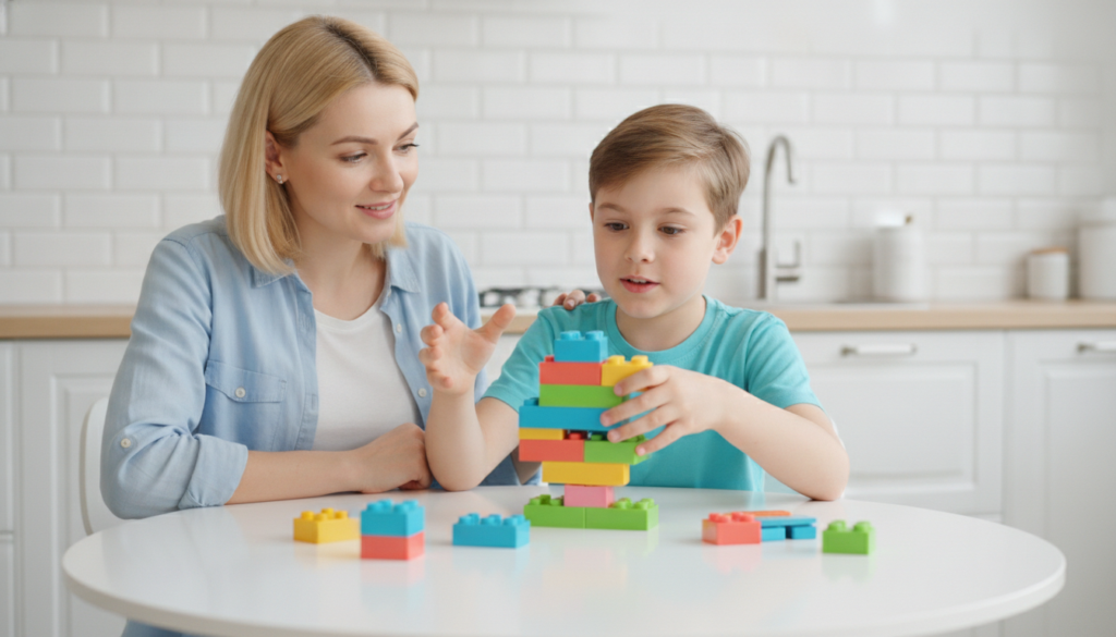 A warm parent and a bright young child building a tall tower of colorful blocks together at a sunny kitchen table