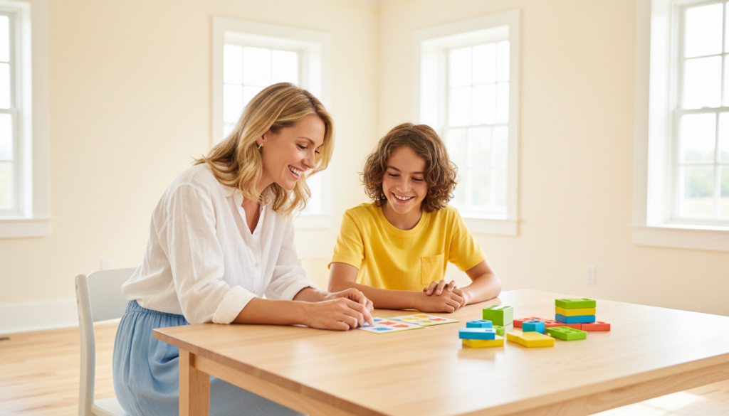 A smiling mother and her child sitting together at a bright kitchen table, working through a simple colorful learning activity side by side.