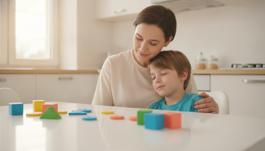 A parent and their twelve-year-old child sharing a calm, warm moment together at a bright kitchen table