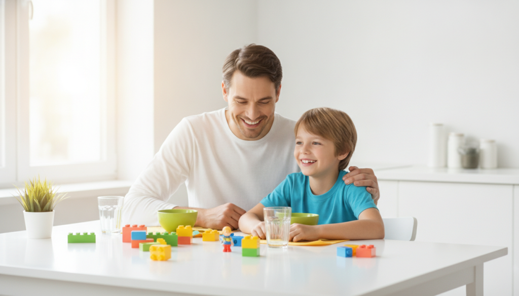 A parent sitting close beside their child at a bright kitchen table, offering warm support
