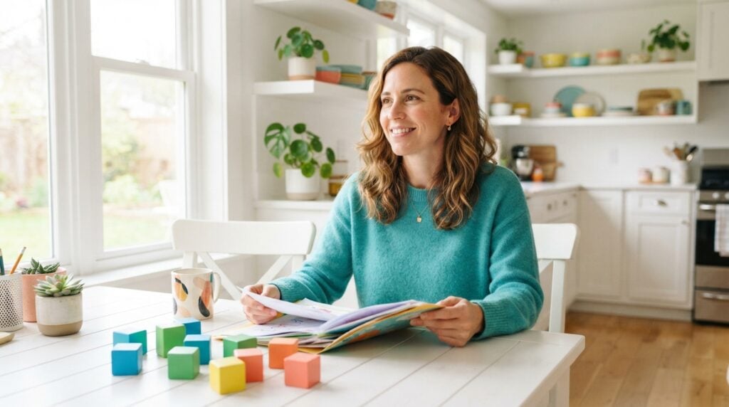 A hopeful mother sitting at a bright kitchen table with a folder of school papers and colorful learning blocks