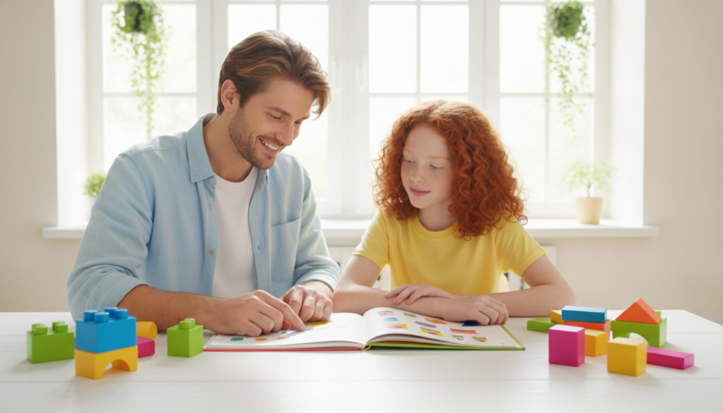 A warm parent sitting beside their calm 12-year-old at a table with an open book, a supportive reading moment