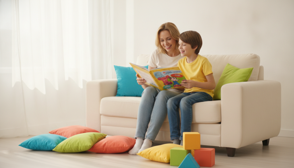 A parent and child sit together on a couch sharing an open book and smiling.