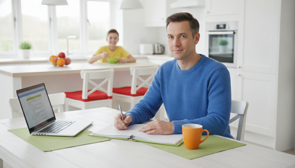 Parent at a sunlit kitchen table with a laptop and a folder of school papers, calm and resolved, while a child eats breakfast nearby