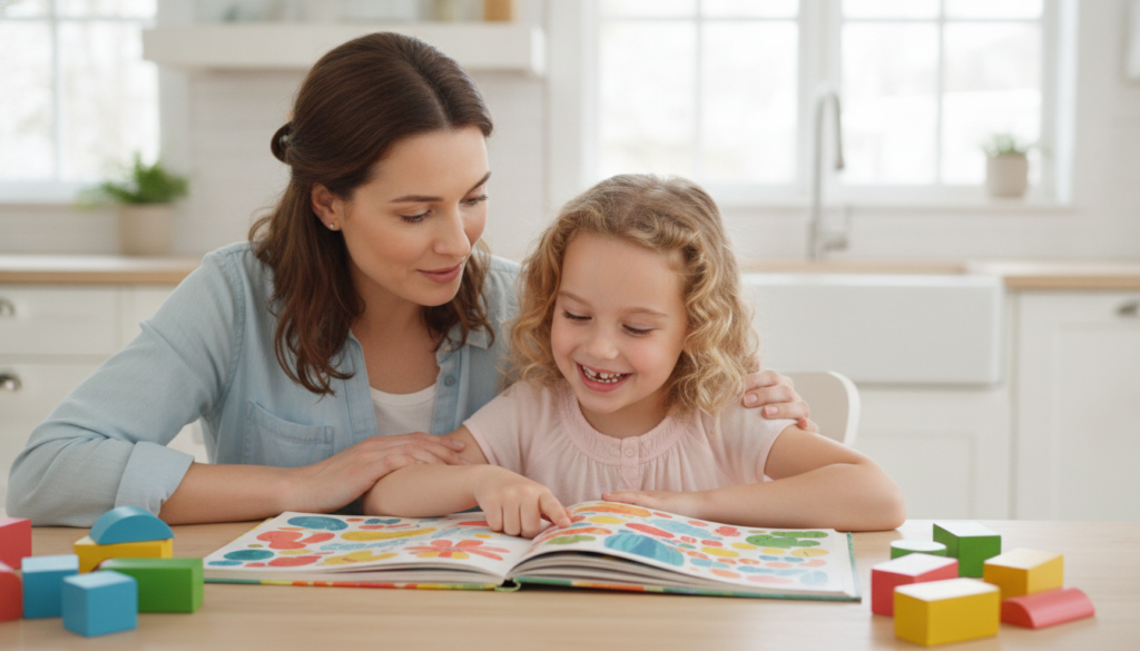 A mother sitting close beside her smiling 12-year-old daughter at a bright kitchen table with an open colorful picture storybook, watching her with gentle attention