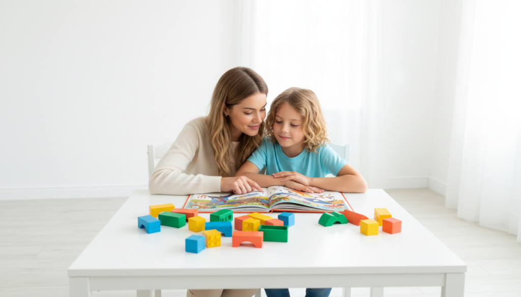 A hopeful mother sitting close beside her 12-year-old, reading an illustrated storybook together at a bright kitchen table