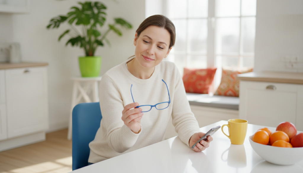 Parent at a sunny kitchen table holding a child's glasses and a phone, thinking through a decision