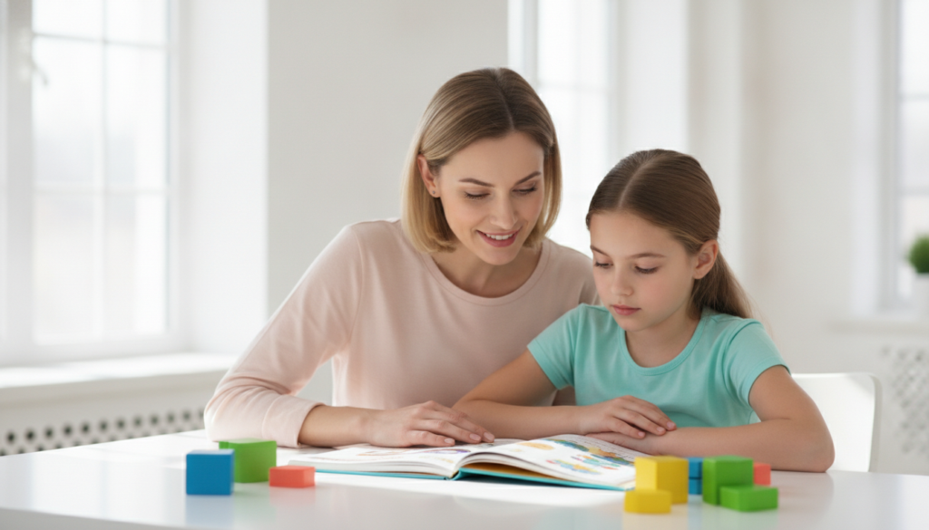 A mother sitting close beside her 12-year-old daughter at a sunny kitchen table with an open storybook, looking on with gentle care.