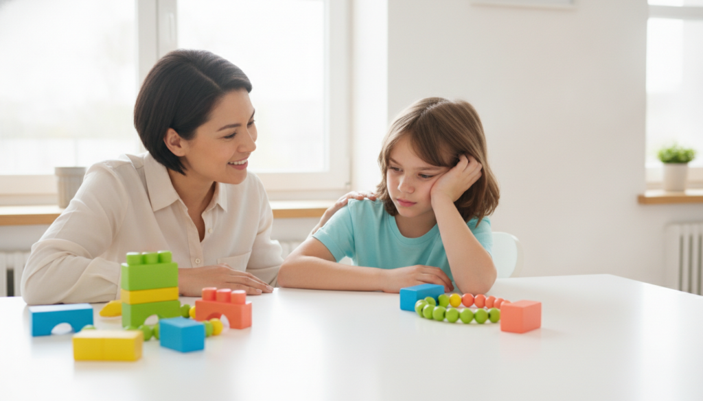A parent leaning in with a reassuring smile beside a discouraged child at a bright kitchen table with colorful counting beads and blocks