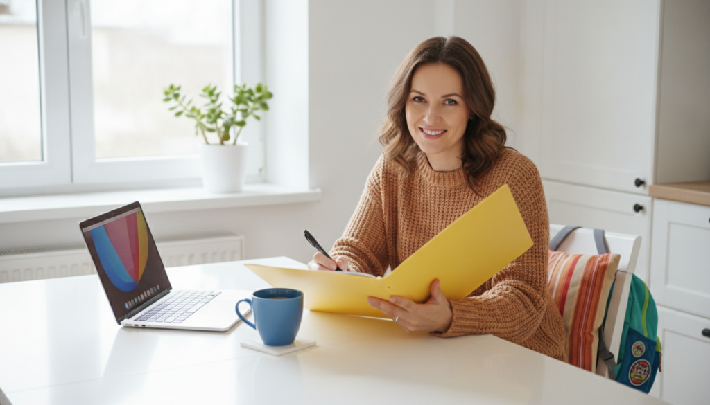 Parent at a bright kitchen table with a folder and laptop, preparing a written request to the school