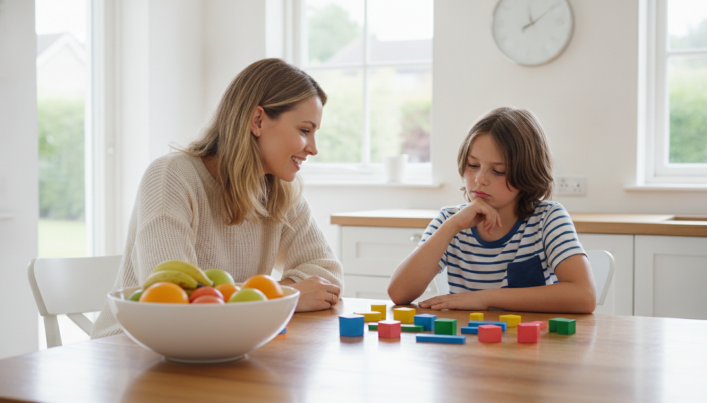 A parent sitting beside their twelve-year-old at a bright kitchen table, helping with math using colorful counting blocks