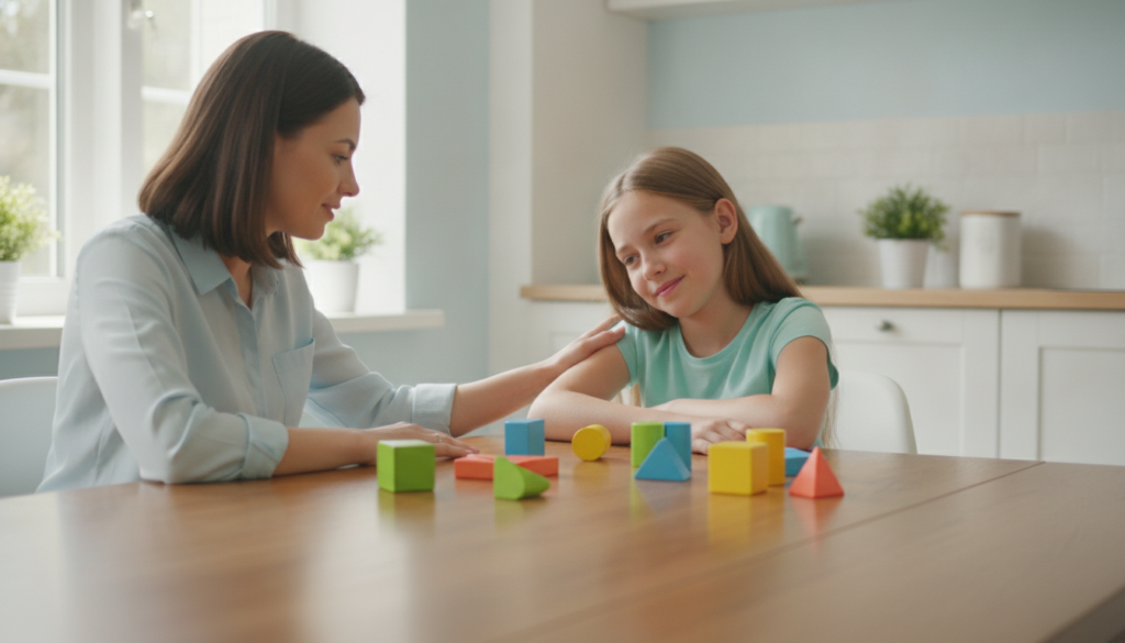 A parent comforting their relieved young daughter at a bright kitchen table