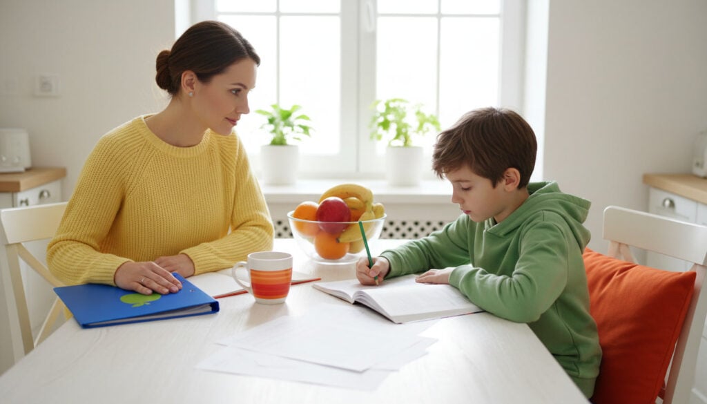 Parent at a sunlit kitchen table with a school folder, watching her child do homework with warm concern