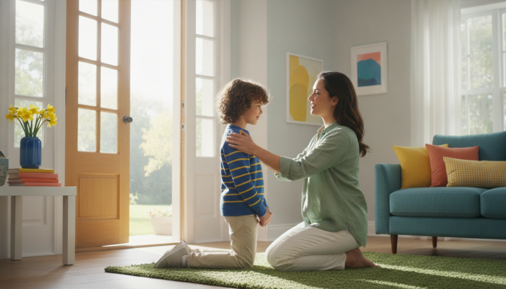 A parent kneeling to gently reassure their child near the front door in a bright home
