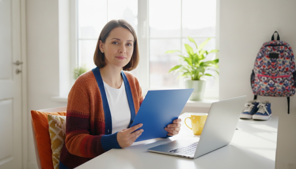 Parent at a sunny desk with a laptop and folder, preparing a written request after a 504 denial