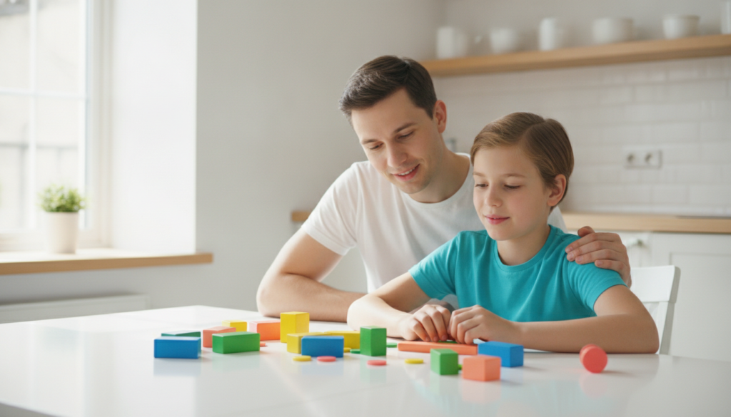 A parent sitting close beside their 12-year-old at a bright kitchen table, working together over colorful learning blocks