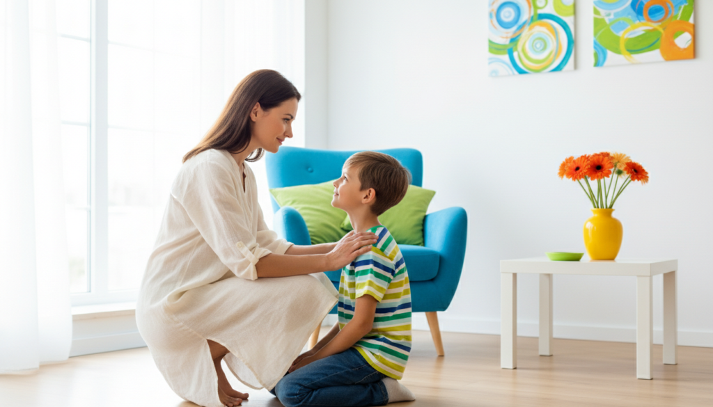 A mother crouches to eye level with her 12-year-old son, a reassuring hand on his shoulder in a bright living room