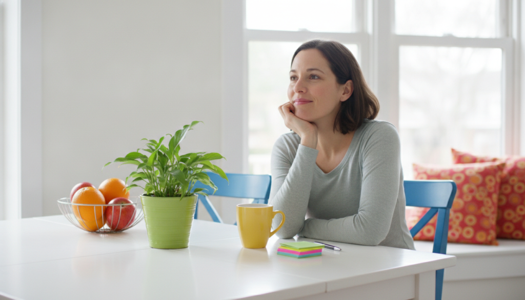 Parent at a sunny kitchen table beside a stack of colorful cards, thinking with a hopeful look.
