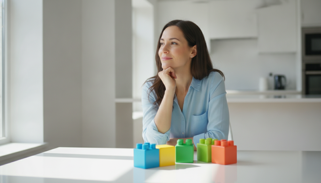 A thoughtful, hopeful parent sitting at a bright kitchen table, weighing a decision about her child