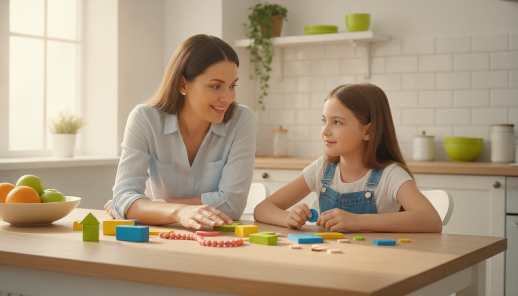 A mother and her 12-year-old daughter sharing a calm, warm moment at a bright kitchen table