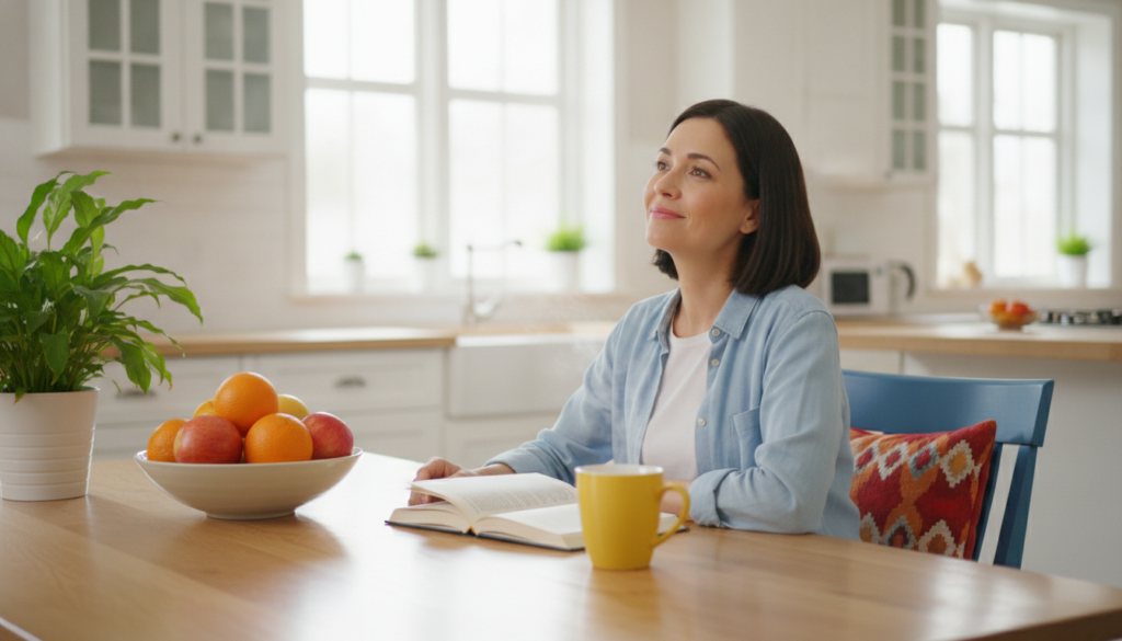 Parent at a sunny kitchen table with an open book, looking up with a calm, hopeful expression.