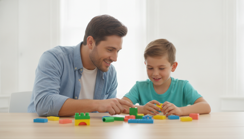A parent sitting close beside their 12-year-old child at a bright home table, leaning in together over a hands-on learning activity