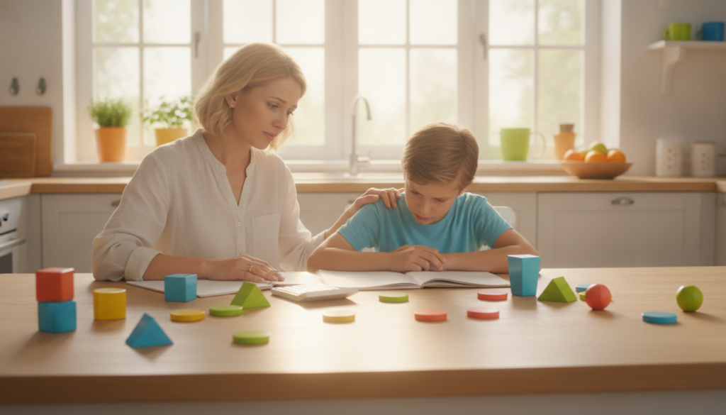 A parent sits beside their twelve-year-old at a bright kitchen table, offering reassurance over math homework and a calculator.