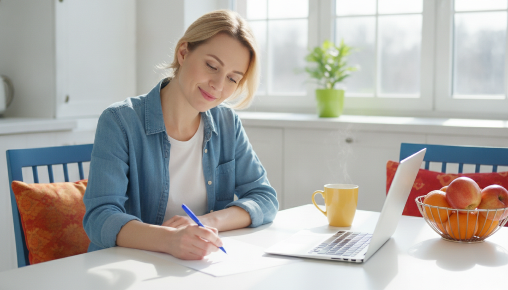 Parent at a sunny kitchen table holding a pen over a blank page, with a calm, determined smile.