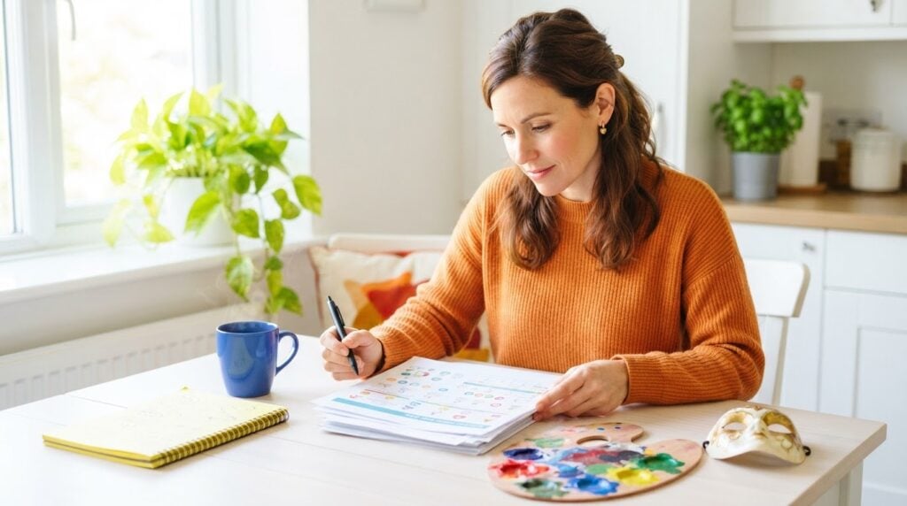 Parent at a sunny kitchen table reading a school plan, with a paint palette and theater mask beside the papers